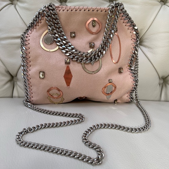 New Stella McCartney Falabella Pink Peach Vegan Suede Bag Crossbody Metal Chain - Picture 2 of 10
